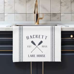 Navy & White Rustic Oars Personalised Lake House Tea Towel