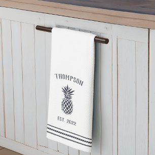 Navy & White Rustic Pineapple Personalised Tea Towel