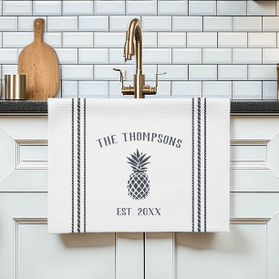 Navy & White Rustic Pineapple Personalised Tea Towel