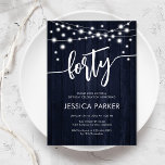 Navy White Rustic Wood 40th Birthday Party Invitation<br><div class="desc">40th Birthday Party Invitation. Rustic design with navy wood pattern. Classy invite card featuring fairy string lights and white script font. Perfect for a stylish fortieth bday celebration. Personalise with your own details. Can be customised for any age! Printed Zazzle invitations or instant download digital printable template.</div>