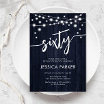 Navy White Rustic Wood 60th Birthday Party Invitation<br><div class="desc">60th Birthday Party Invitation. Rustic design with navy wood pattern. Classy invite card featuring fairy string lights and white script font. Perfect for a stylish sixtieth bday celebration. Personalise with your own details. Can be customised for any age! Printed Zazzle invitations or instant download digital printable template.</div>