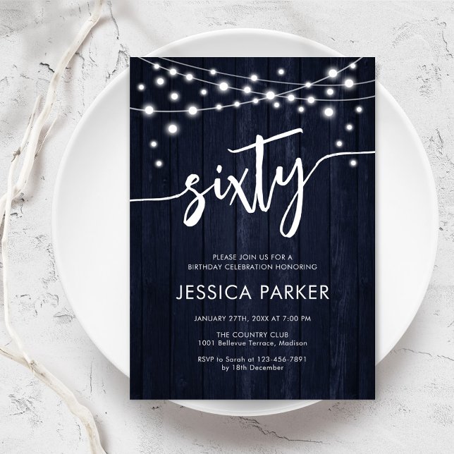 Navy White Rustic Wood 60th Birthday Party Invitation (Creator Uploaded)