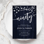 Navy White Rustic Wood 90th Birthday Party Invitation<br><div class="desc">90th Birthday Party Invitation. Rustic design with navy white wood pattern. Classy invite card featuring fairy string lights and white script font. Perfect for a stylish ninetieth bday celebration. Personalise with your own details. Can be customised for any age! Printed Zazzle invitations or instant download digital printable template.</div>