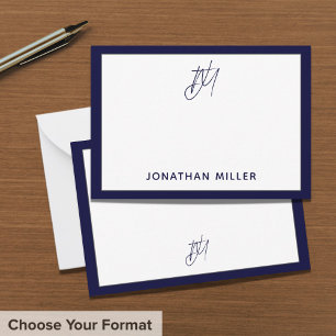 Navy White Script Monogram Typographic Name Card