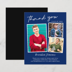 Navy White Script Three Photo Graduation Thank You