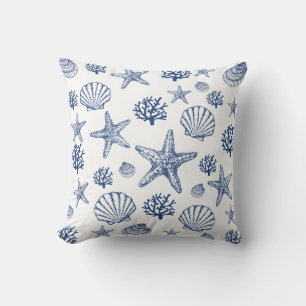 Navy White Sea Shell Pattern Coastal Design Cushion