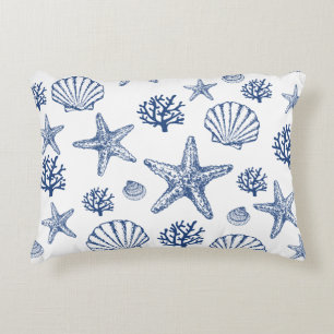 Navy White Sea Shell Pattern Coastal Design Decorative Cushion