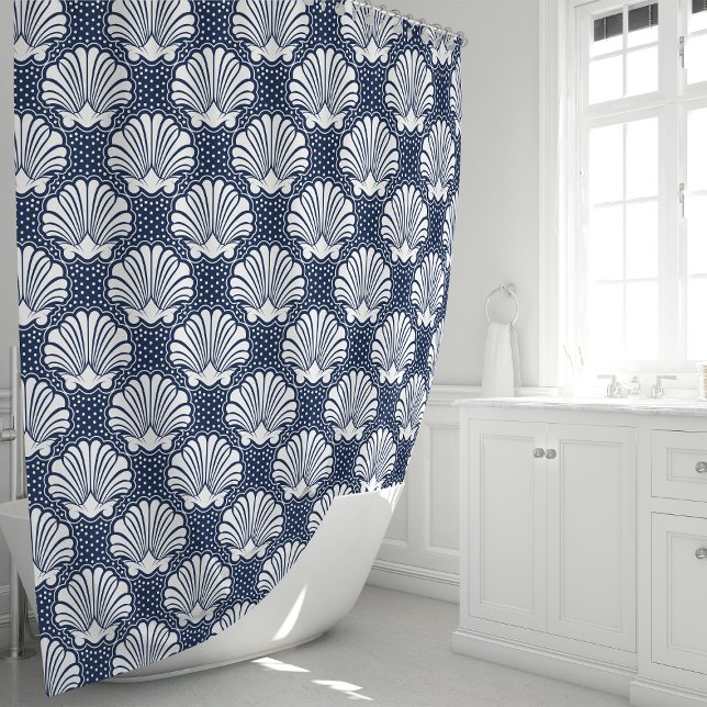 Navy & White Seashell Shower Curtain (Creator Uploaded)