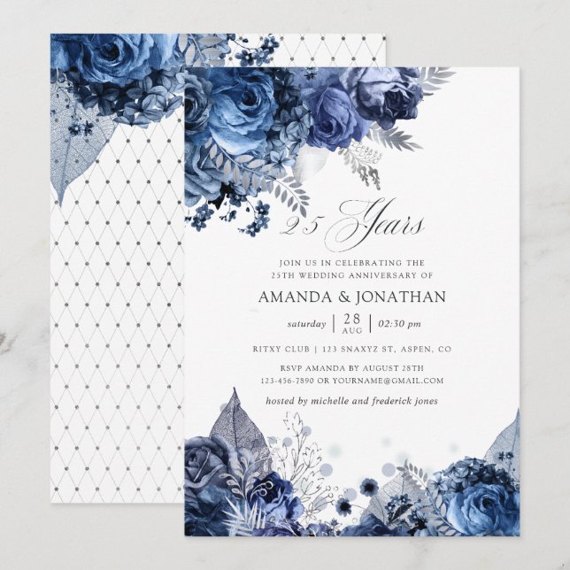 Navy & White Silver Foil 25th Wedding Anniversary Invitation (Front/Back)