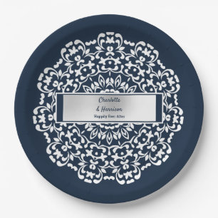 Navy White Silver Happily Ever After  Stylish Paper Plate