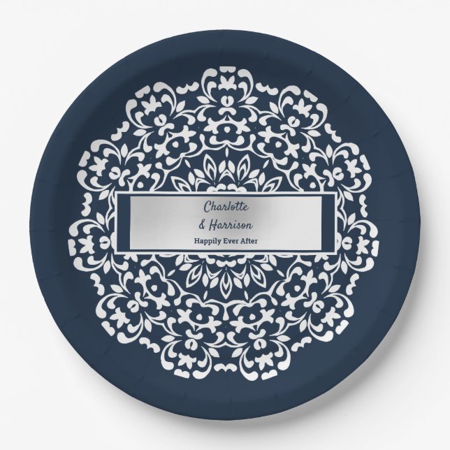 Navy White Silver Happily Ever After  Stylish Paper Plate (Front)