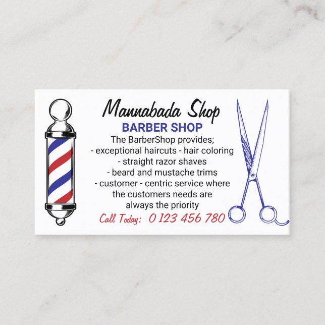 Navy White Simple Barber Pole scissor custom photo Business Card (Front)