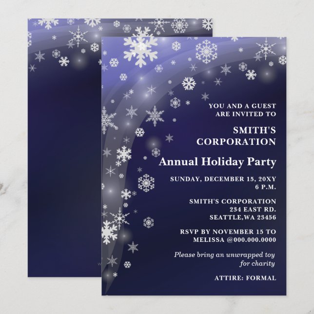 Navy White Snowflakes Corporate Holiday Party Invitation (Front/Back)