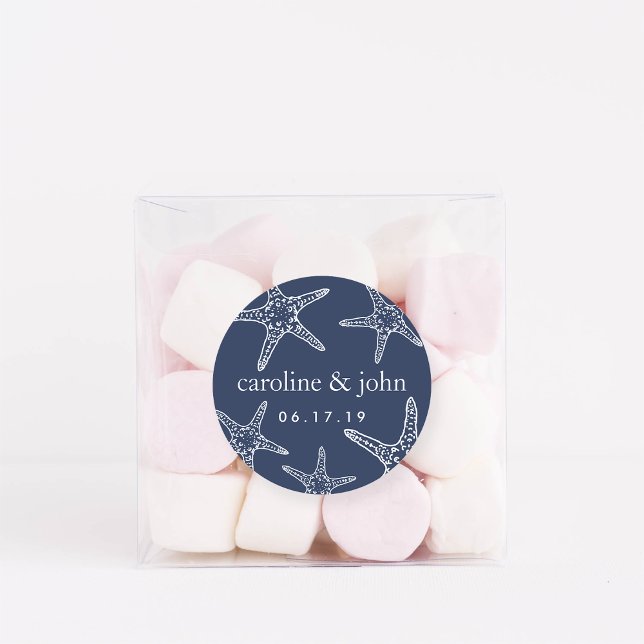 Navy & White Starfish Personalised Wedding Classic Round Sticker (Creator Uploaded)