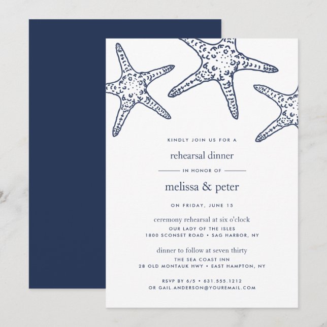 Navy & White Starfish Rehearsal Dinner Invitation (Front/Back)