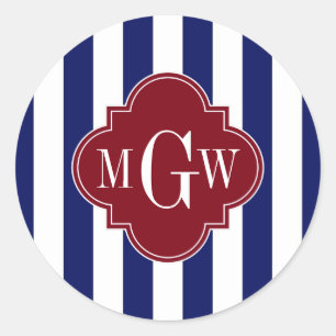 Navy White Stripe Burgundy Quatrefoil 3 Monogram Classic Round Sticker