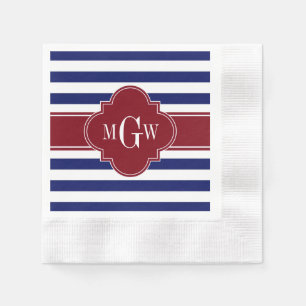 Navy White Stripe Burgundy Quatrefoil 3 Monogram Napkin