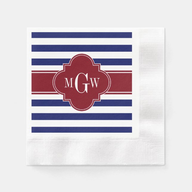 Navy White Stripe Burgundy Quatrefoil 3 Monogram Napkin (Front)