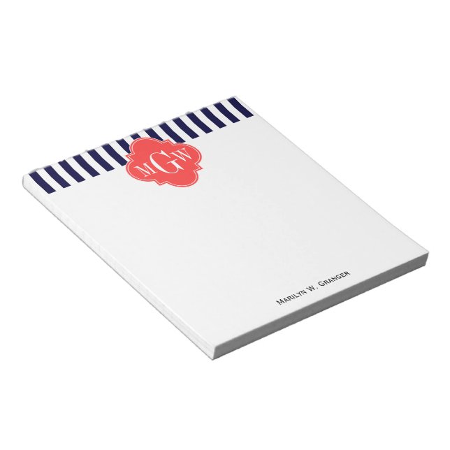 Navy White Stripe Coral Red Quatrefoil 3 Monogram Notepad (Angled)