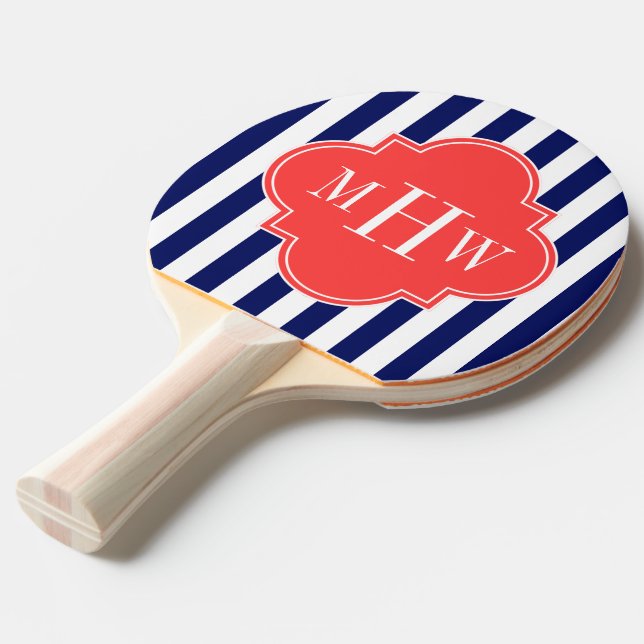 Navy White Stripe Coral Red Quatrefoil 3 Monogram Ping Pong Paddle (Front Angle)