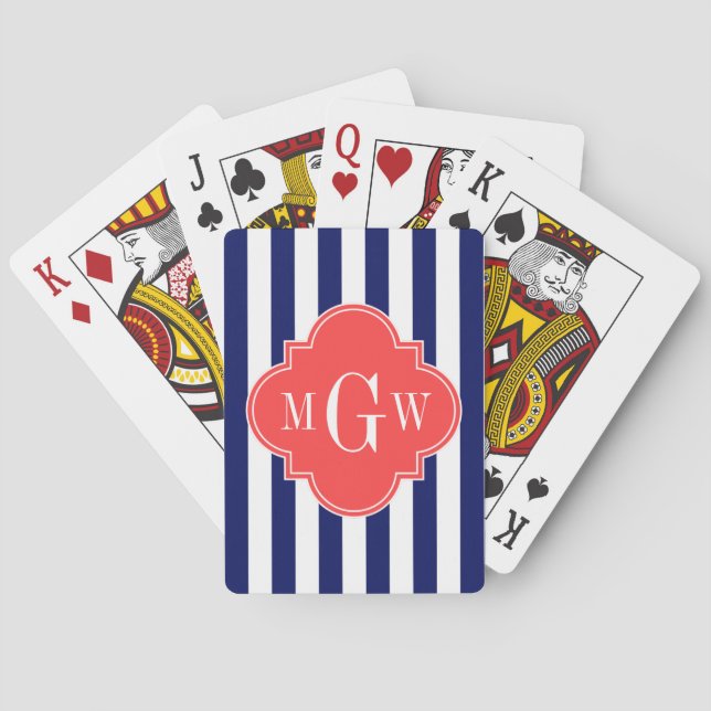 Navy White Stripe Coral Red Quatrefoil 3 Monogram Playing Cards (Back)