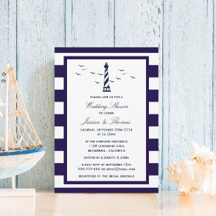 Navy & White Stripe Lighthouse Nautical Wedding Invitation