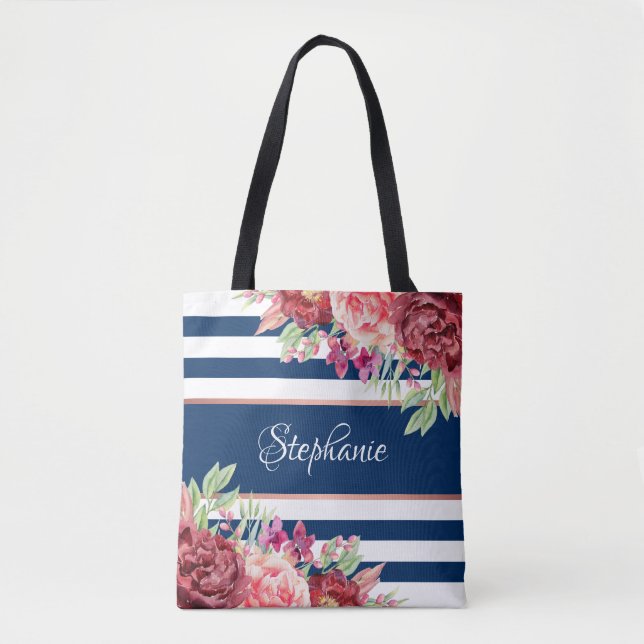Navy White Stripe Modern Floral Personalised Tote Bag (Front)