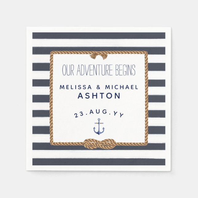 Navy & White Stripe Nautical Knot Infinity Wedding Napkin (Front)