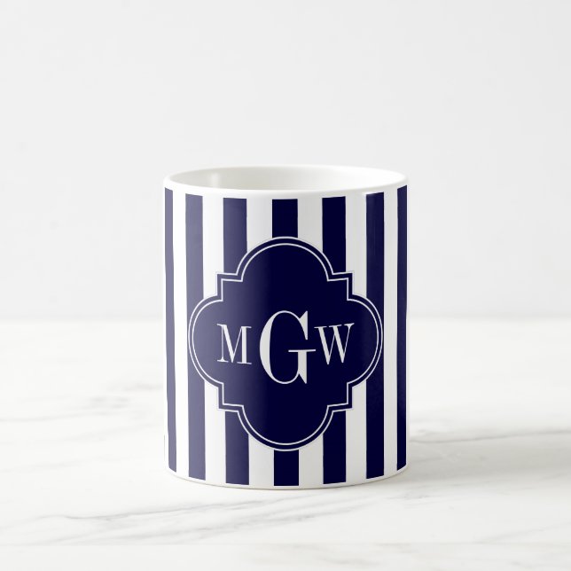 Navy White Stripe Navy Blue Quatrefoil 3 Monogram Coffee Mug (Center)