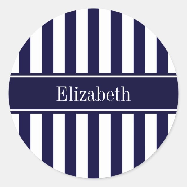 Navy White Stripe Navy Blue Ribbon Name Monogram Classic Round Sticker (Front)