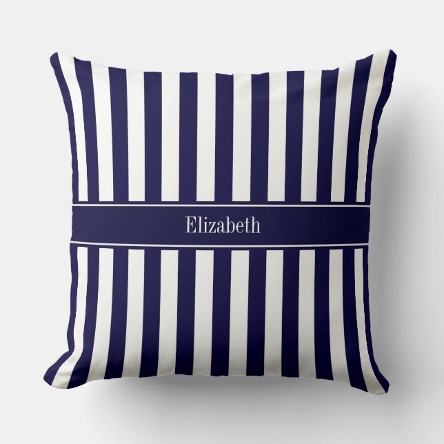 Navy White Stripe Navy Blue Ribbon Name Monogram Cushion (Front)
