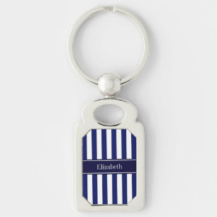 Navy White Stripe Navy Blue Ribbon Name Monogram Key Ring