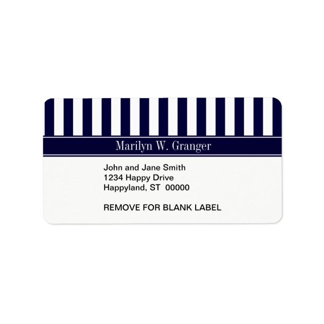 Navy White Stripe Navy Blue Ribbon Name Monogram Label (Front)