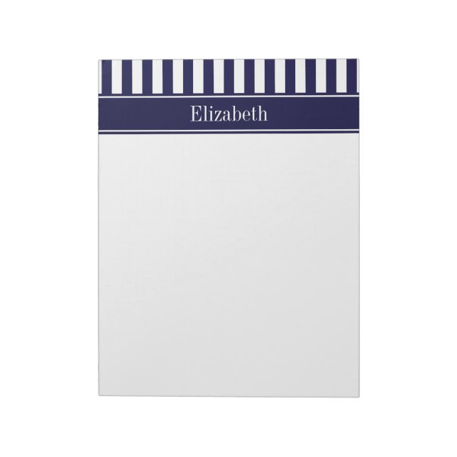 Navy White Stripe Navy Blue Ribbon Name Monogram Notepad (Rotated)