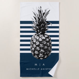 Navy & White Stripe Pineapple   Monogram Custom Beach Towel