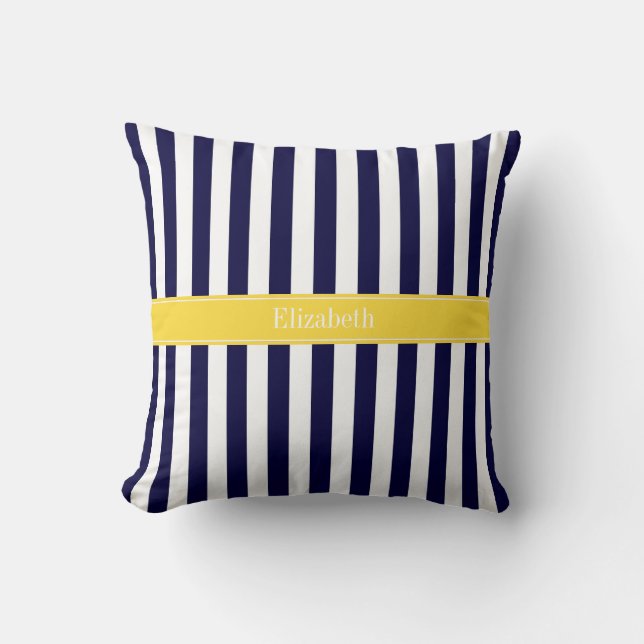 Navy White Stripe Pineapple Ribbon Name Monogram Cushion (Front)