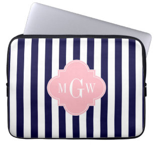 Navy White Stripe Pink Quatrefoil 3 Monogram Laptop Sleeve