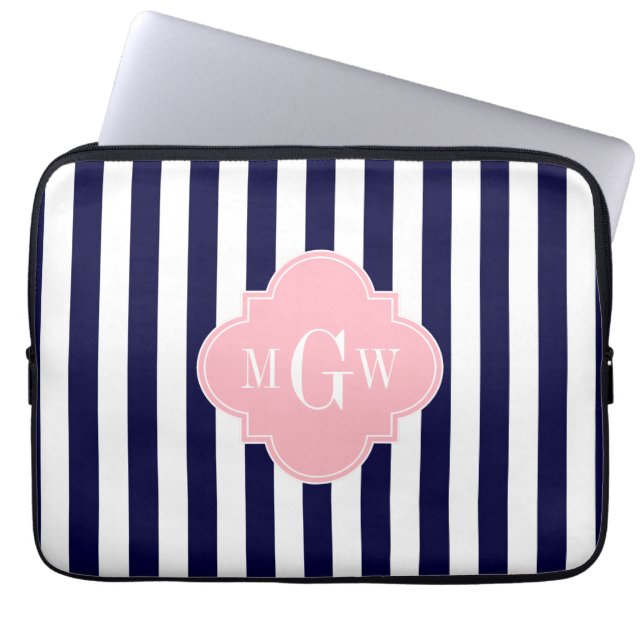 Navy White Stripe Pink Quatrefoil 3 Monogram Laptop Sleeve (Front)