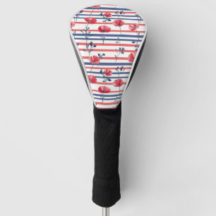 Navy White Stripe Red Poppy Coastal Floral Golf Head Cover
