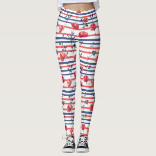 Navy White Stripe Red Poppy Coastal Floral Leggings