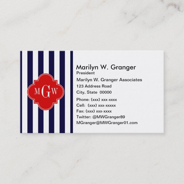 Navy White Stripe Red Quatrefoil 3 Monogram Business Card (Front)
