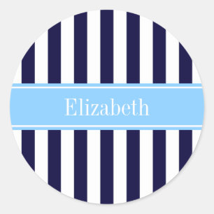 Navy White Stripe Sky Blue Ribbon Name Monogram Classic Round Sticker