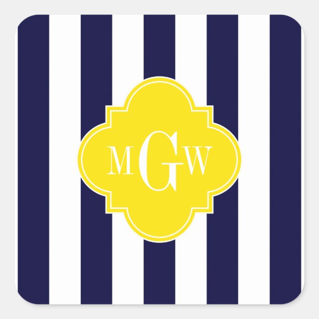 Navy White Stripe Yellow Quatrefoil 3 Monogram Square Sticker (Front)