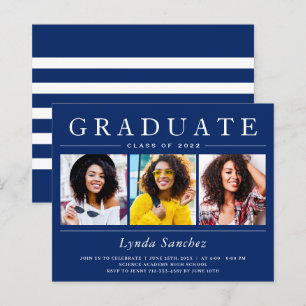 Navy White Stripes 3 Photo Graduation Invitations
