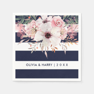 Navy White Stripes Floral Wedding Paper Napkin