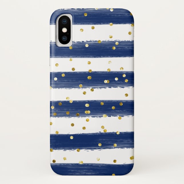 Navy, White Stripes, Gold Confetti Cell Case (Back)