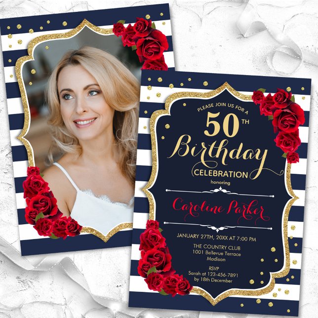 Navy White Stripes Red Roses Photo 50th Birthday Invitation (Creator Uploaded)