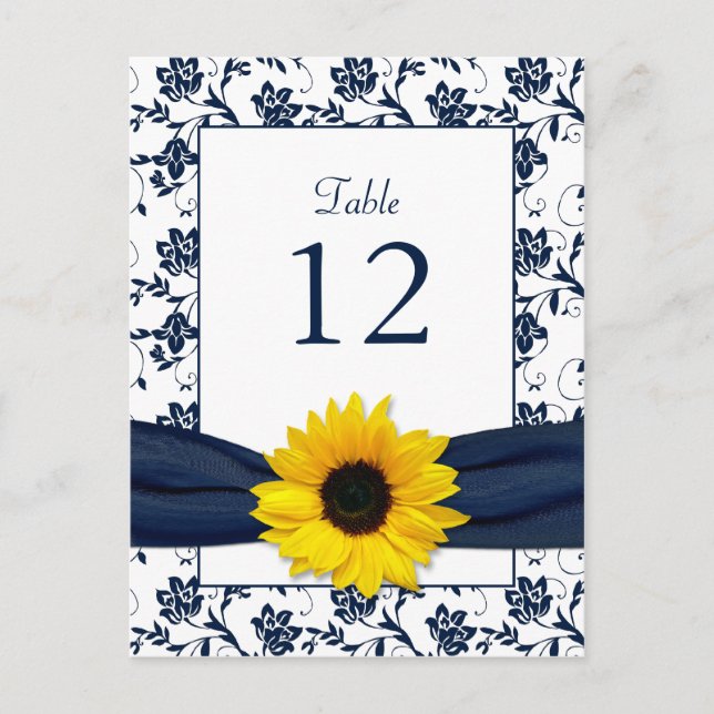 Navy White Sunflower Damask Wedding Table Card (Front)