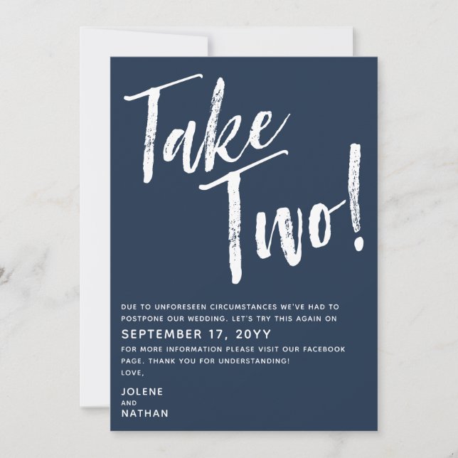 Navy & White Take Two! Postponed Wedding Save The Date (Front)