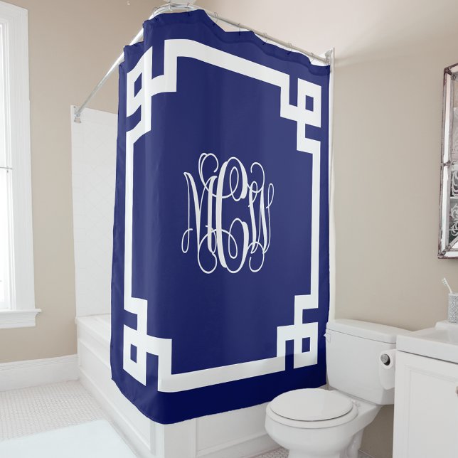 Navy White Vine Monogram DIY BG & Greek Key Frame Shower Curtain (Creator Uploaded)
